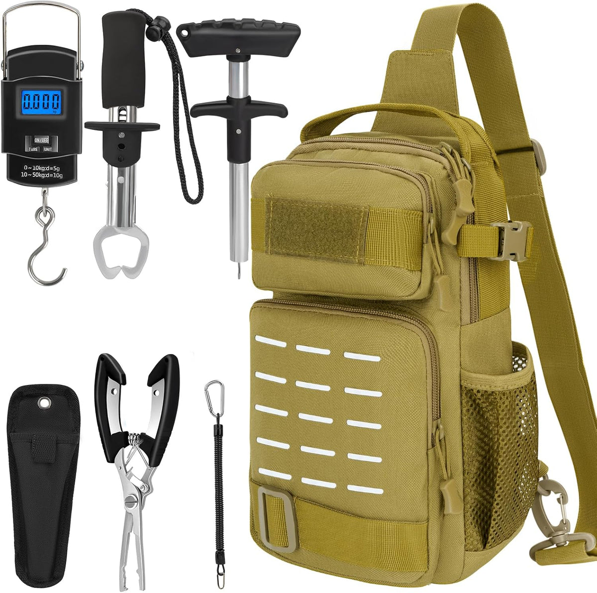 THKFISH 7 Pcs Fishing Tool Kit, Fishing Backpack with Fishing Pliers Tackle Kits, Fish Hook Remover Tools, Fish Plier with Sheath and Tool Lanyards, Digital Fishing Weight Scale - PuriLite