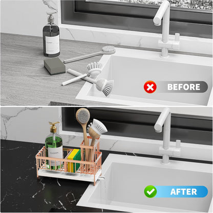 Cisily Sponge Holder for Kitchen Sink, Sink Caddy with High Brush Holder, Organzier Rustproof 304 Stainless Steel Dish Organizer Divider, Soap Dispenser Storage (Black) - PuriLite