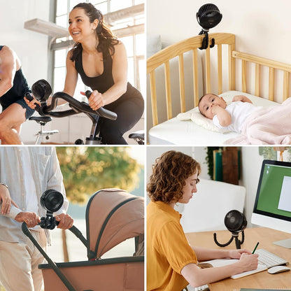 Momcozy Portable Stroller Fan, 27H Ultra-long Battery Life, Detachable 4 Speed 360°Rotate, LED Night Light with 2 Modes, USB Rechargeable and Handheld Cooling Fan for Travel, Car Seat - PuriLite