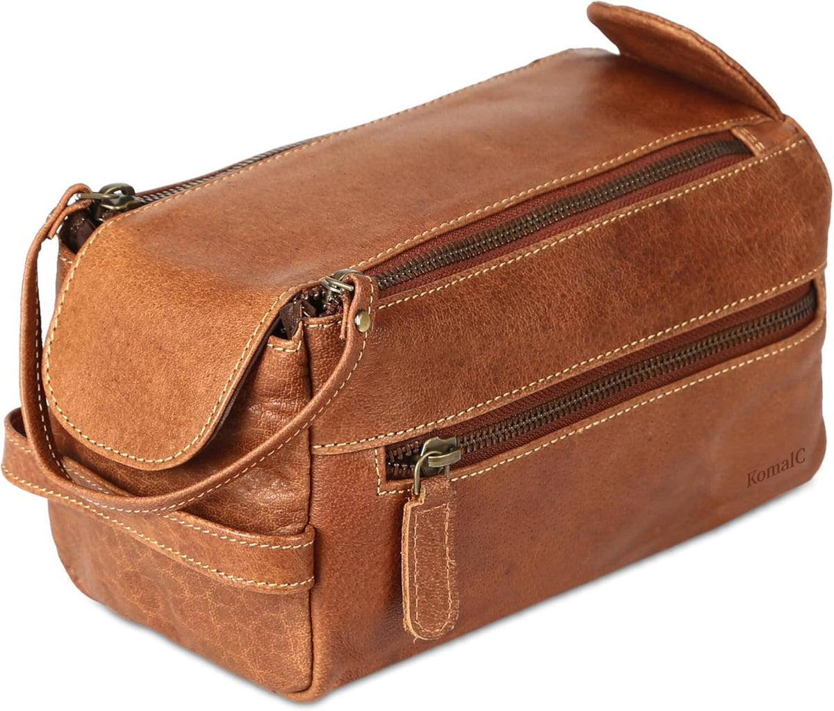 Premium Buffalo Leather Unisex Toiletry Bag Travel Dopp Kit Shaving kit (Distressed Tan) - PuriLite