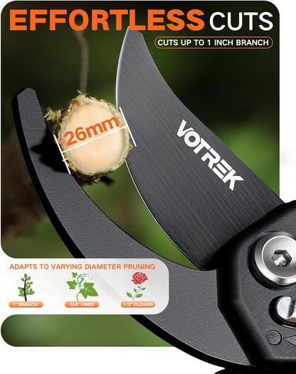 VOTREK Pruning Shears - 8.5" Heavy Duty Bypass Pruners for Gardening with Built-in Spring & SK5 Steel Blades - Ergonomic Adjustable Handle for All Hand Sizes, Garden Clipper Plant Scissors for Branch - PuriLite