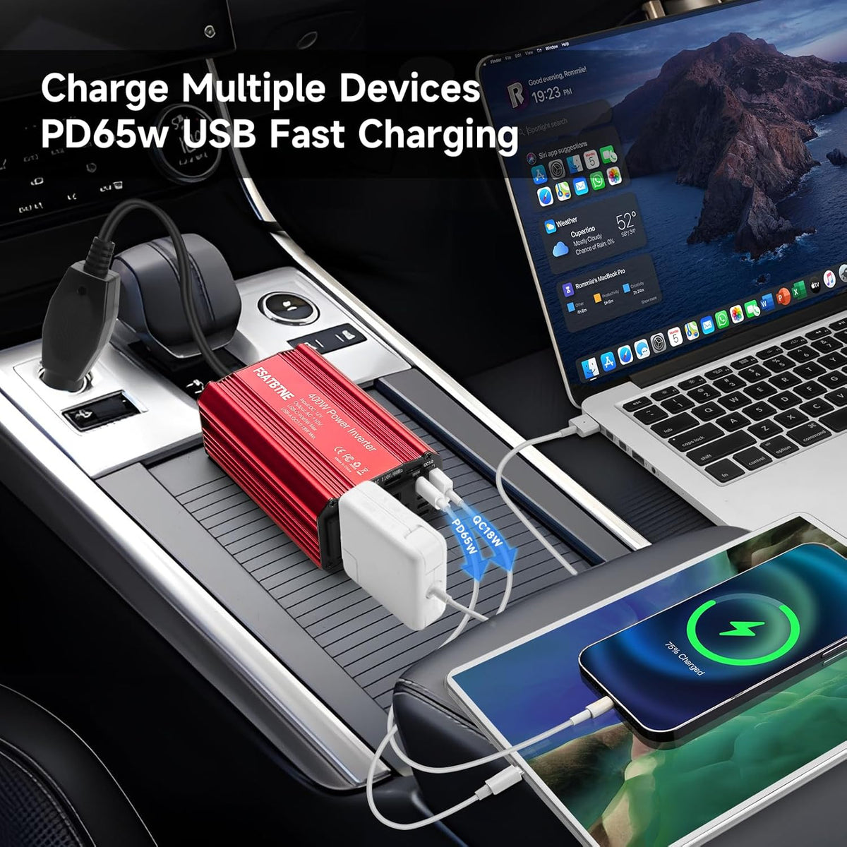 FSATBTNE 400W Power Inverter 12V DC to 110V AC Car Plug Adapter Outlet Converter with [65W PD USB-C] & [18W QC USB-A] Fast Charging Ports and 2 AC Outlets Car Power Inverters for Vehicles - PuriLite