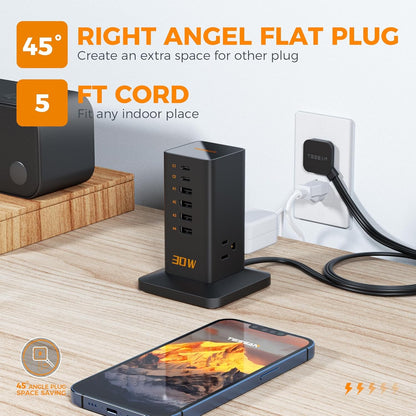 Charging Station, TESSAN 65W Max GaN USB C Charger Block, 6-Ports and 3 AC Outlets Power Tower, Fast Charging for Multiple Devices, Compatible with iPhone, Samsung and More - PuriLite
