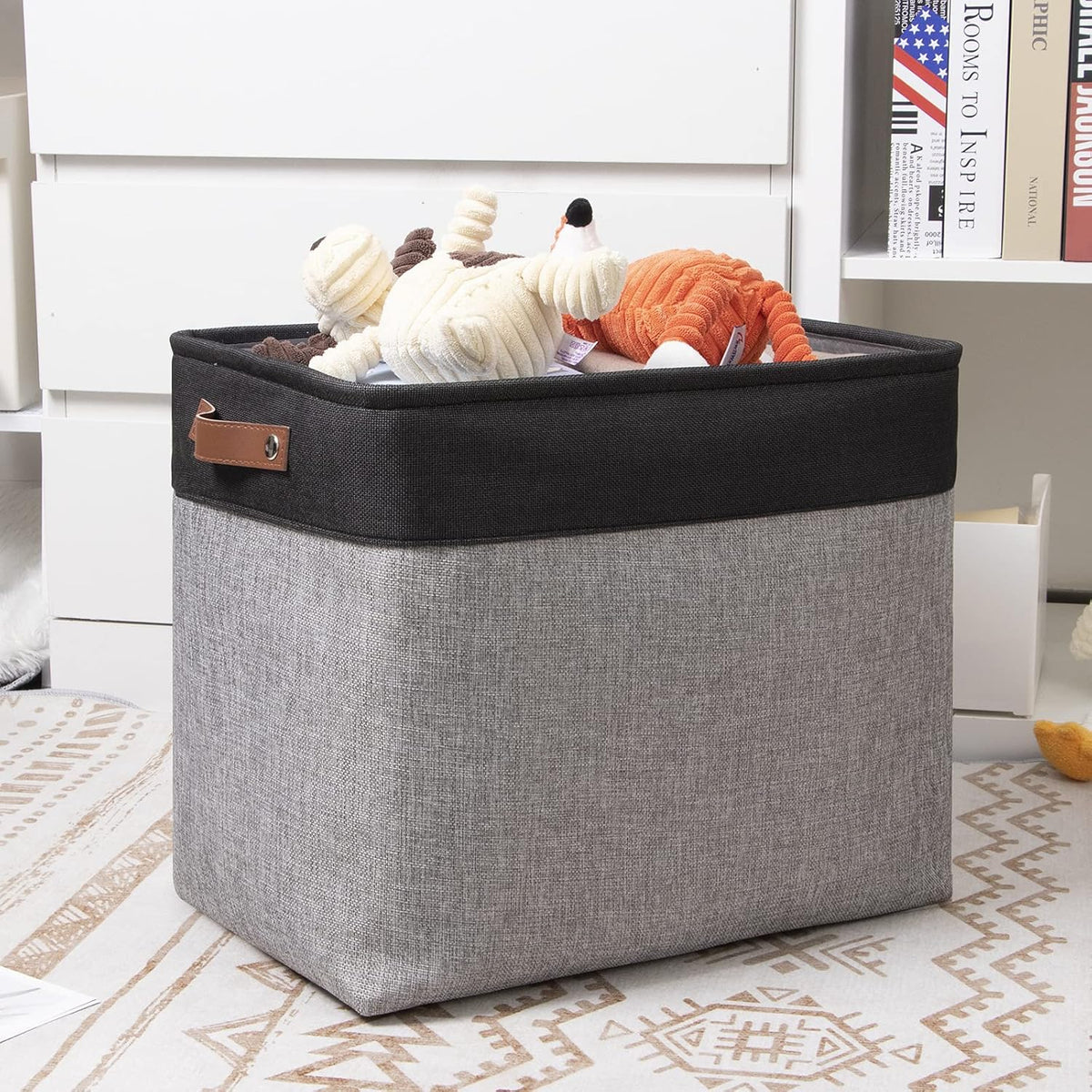 DULLEMELO Storage Baskets for Shelves, Fabric Collapsible Rectangular Storage Bins for Shelves, Closets, Nursery, Home, Office, Empty Gift Baskets (White&Teal) - PuriLite