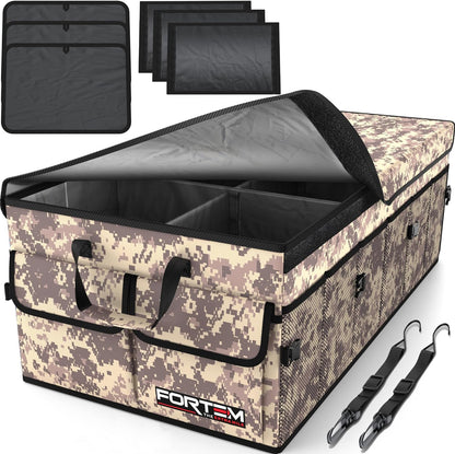 FORTEM Car Trunk Organizer, Collapsible Multi Compartment Car Organizer, Foldable SUV Storage for Car Accessories for Women Men, Non Slip Bottom, Securing Straps, Soft Cover 50L (Black, Standard) - PuriLite