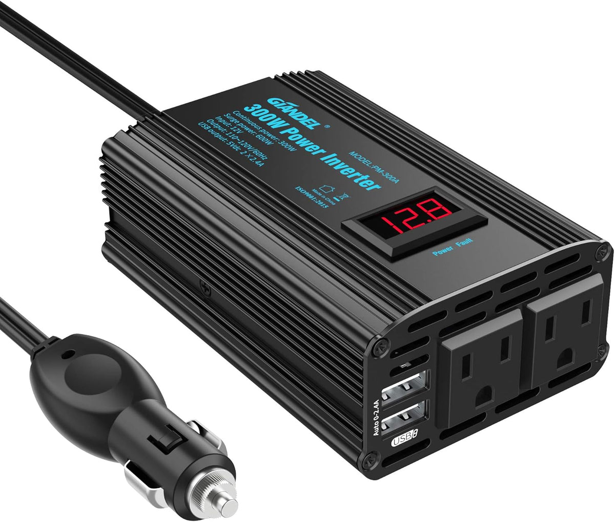300W Power Inverter DC 12V to AC 120V Car Power Converter Adapter with 2x2.4A USB Ports and LED Display Dual AC Outlets【3YRS Warranty】 Black - PuriLite
