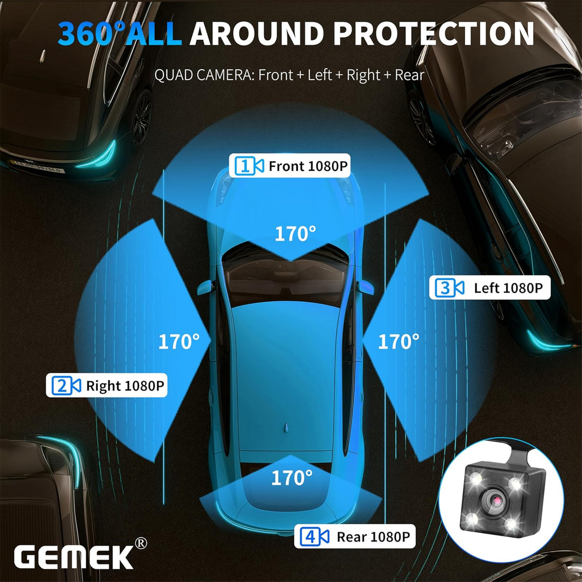 4 Channel Dash Cam 360° View 5G WiFi & APP Control, GEMEK 2K Front and Rear Inside, Left Right Dash Camera for Cars Free 64GB TF Card, G-Sensor, Night Vision, 24H Parking Mode - PuriLite