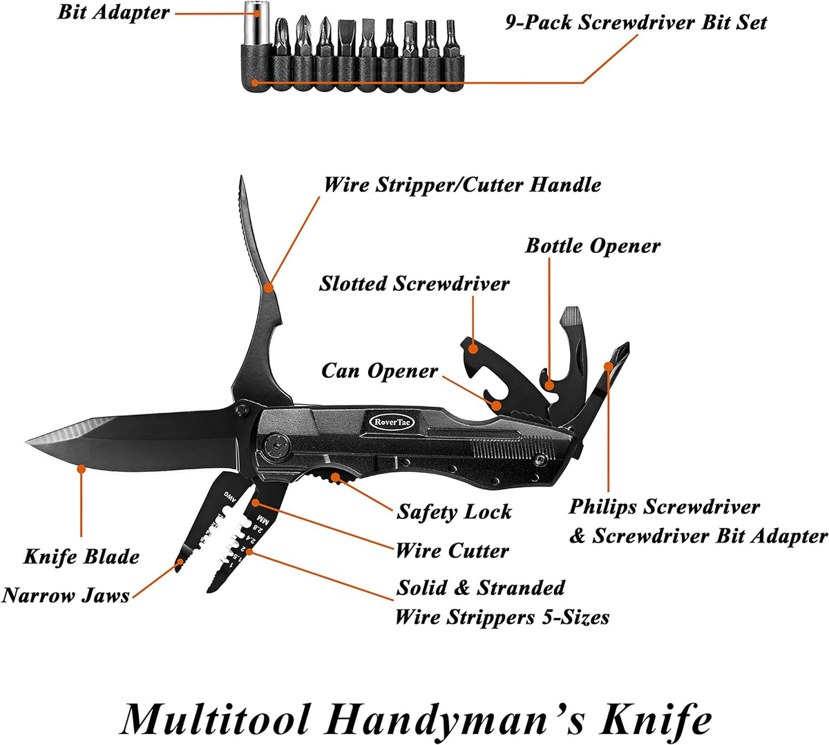 RoverTac Pocket Knife Tactical Folding Knife Multi Tool Survival Camping Knife, Multitool Knife Pliers Bottle & Can Opener 9-Pack Screwdrivers Liner Lock Nylon Sheath, Pocket Knife for Camping Hiking - PuriLite