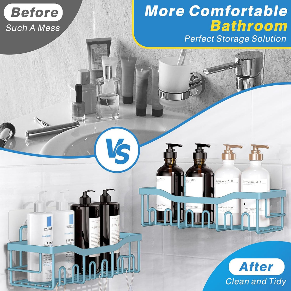 EUDELE 5-Pack Rustproof Stainless Steel Shower Caddy – No Drill Adhesive Bathroom Organizer with Large Capacity, Spacious Shower Shelves for Inside Shower, Kitchen & Home Decor Storage - PuriLite