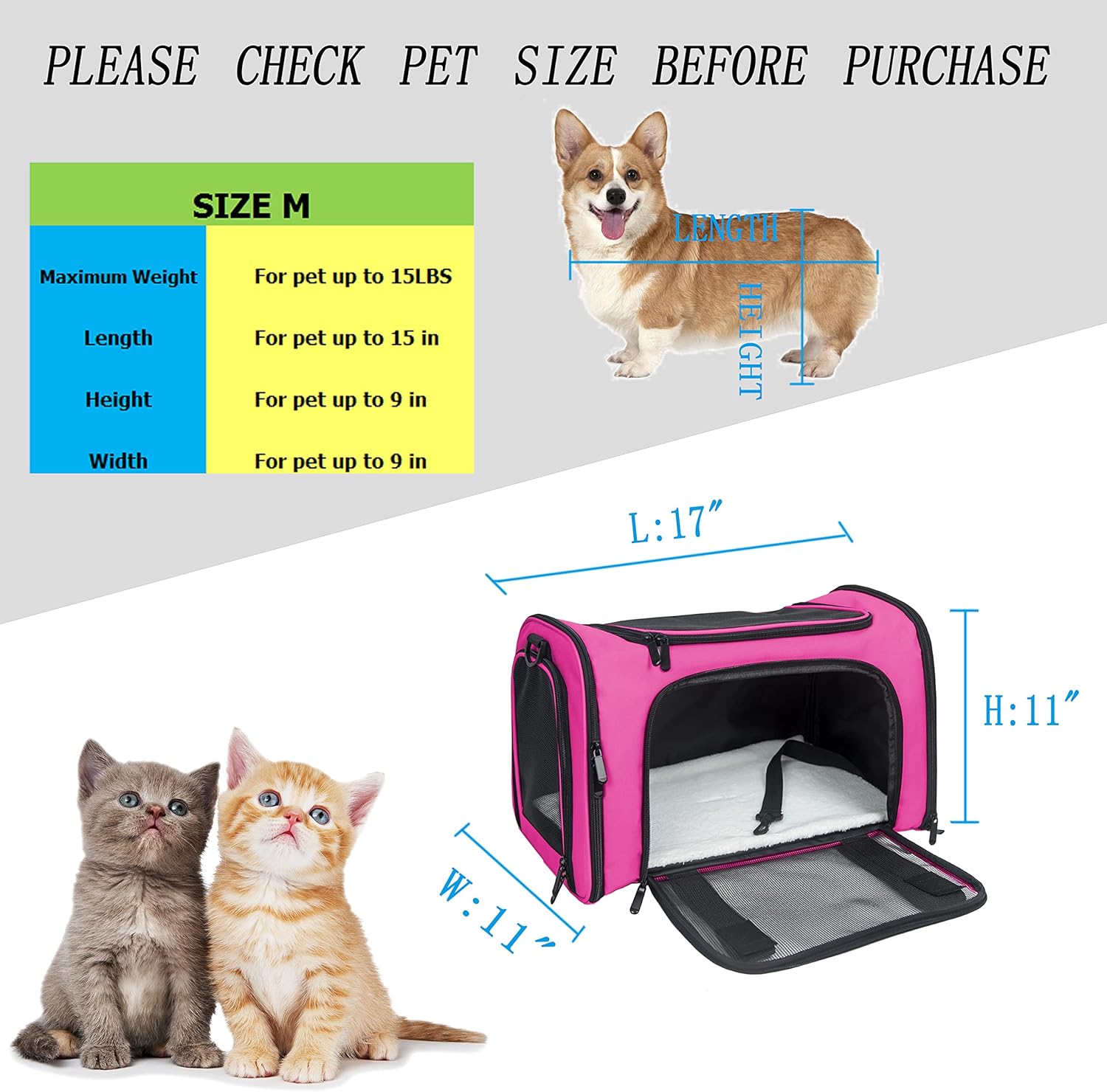 NextFri Soft Sided Carrier for Cats Dogs,TSA Airline Approved Collapsible Travel Pet Carrier (Magenta, Medium) - PuriLite