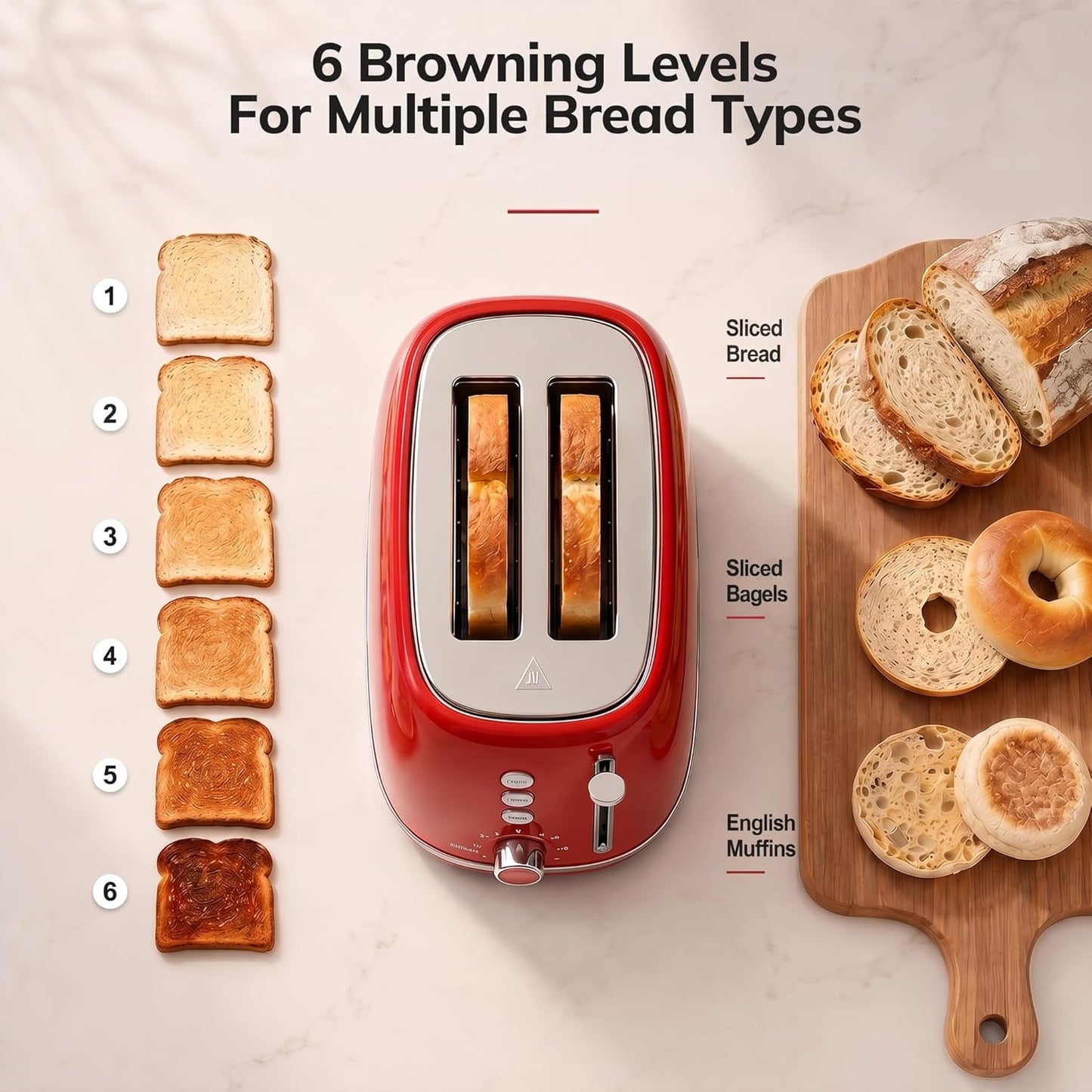 Toaster 2 Slice Stainless Steel Toaster Retro with 6 Bread Shade Settings, Bagel, Cancel, Defrost Function, 2 Slice Toaster with Extra Wide Slot, Removable Crumb Tray, Red