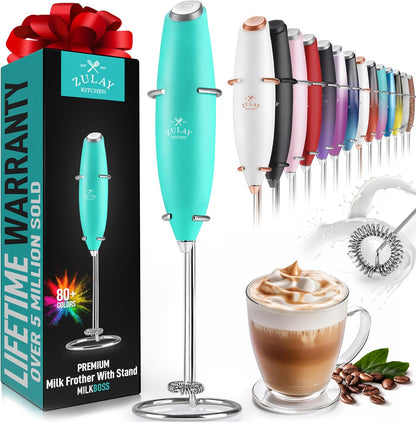Zulay Kitchen Powerful Double Whisk Milk Frother Handheld - Foam Maker with Stand - Whisk Drink Mixer for Coffee, Mini Foamer for Latte, Matcha, Frappe, Hot Chocolate & Cappuccino (Black) - PuriLite