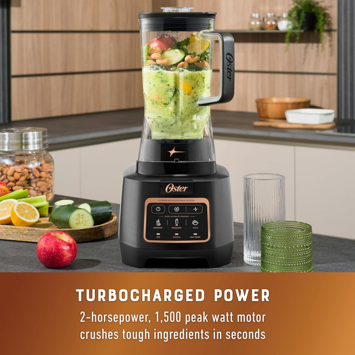 Oster Extreme Mix Professional Blender, 1500W, 10-Point Titanium Blades w/Reversable Blending Tech for Turbocharged Chopping & Pulverizing, Single-Touch Auto Programs, 64oz Dishwasher-Safe Pitcher - PuriLite