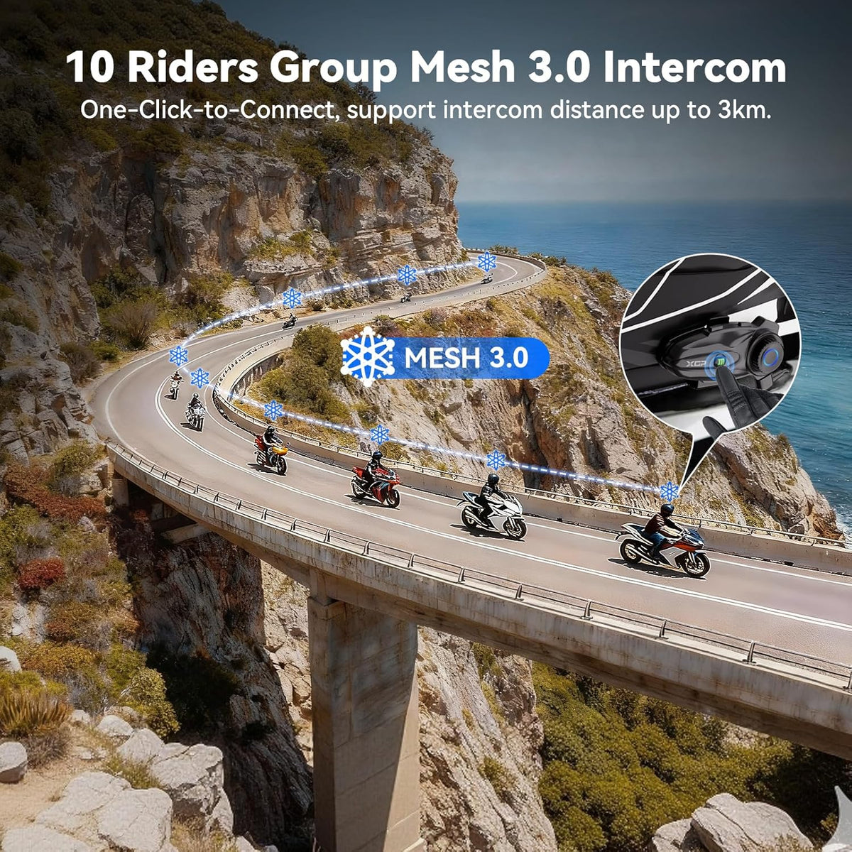 XGP X10 Mesh Motorcycle Bluetooth Headset – 10 Riders Group Intercom 3000m Range, Bluetooth 5.3 Helmet Communication System with Audio Multitasking, Music Sharing & IP67 Waterproof (2 Pack) - PuriLite
