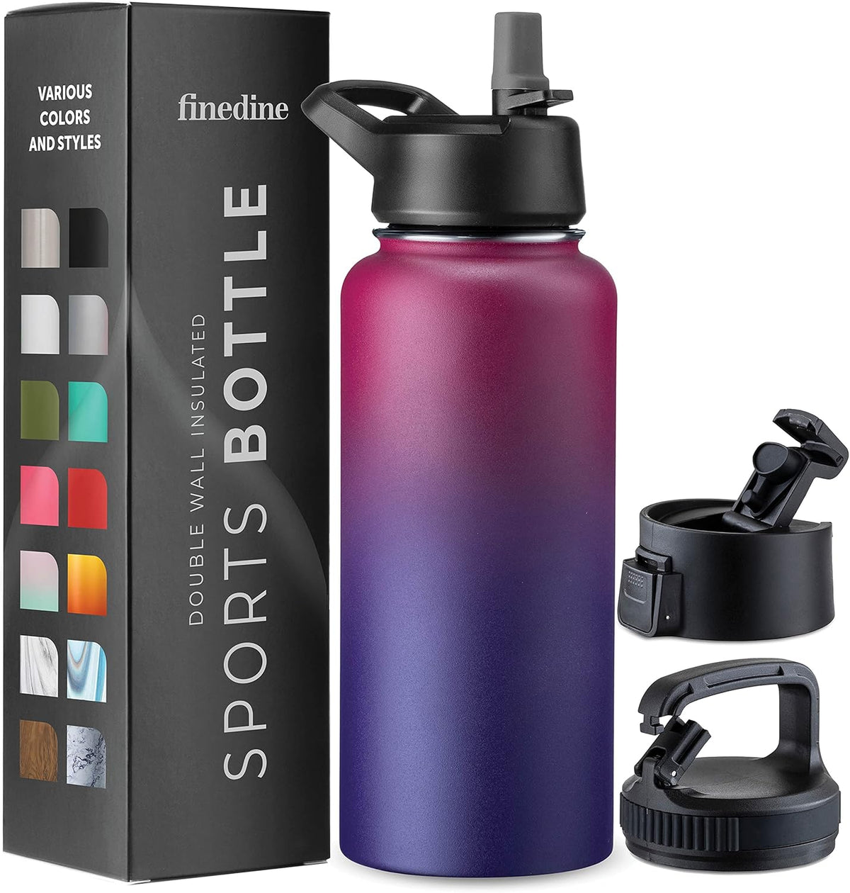 FineDine Water Bottle - Stainless Steel Insulated Water Bottle with Straw Lid, Flip Lid & Wide-Mouth Cap - Keeps Hot and Cold - 25 Oz / 739ml - Pure Pearly White - PuriLite
