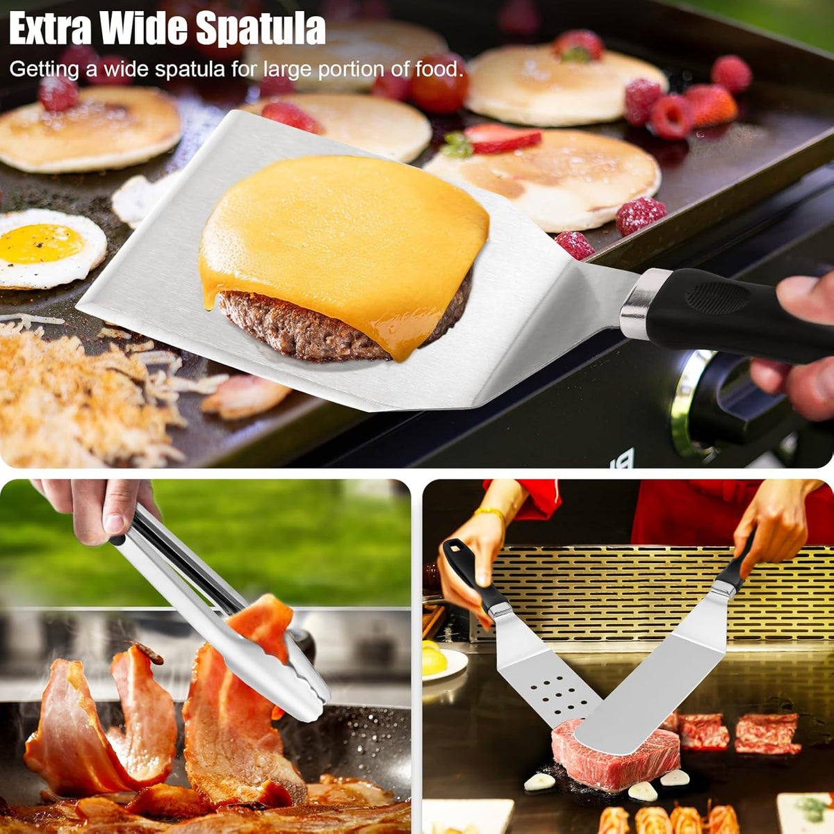 27pcs Griddle Accessories Kit for Blackstone, Professional Hibachi Flat Top Grill Tools, Enlarged Spatula Gift Set with Basting Cover，Burger Press Patty Maker for Outdoor BBQ Teppanyaki - PuriLite