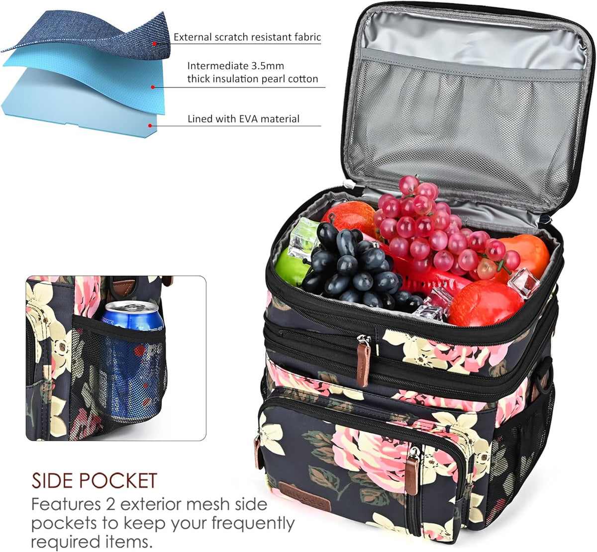 Lunch Bag for Women Men Double Deck Lunch Box - Leakproof Insulated Soft Large Lunch Cooler Bag, MIYCOO (Black,15L) - PuriLite