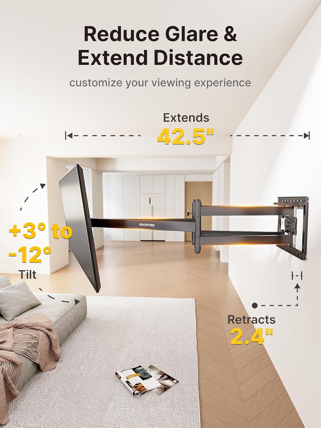monTEK Long Arm TV Wall Mount for Most 43-90 Inch TVs, 42.5 Inch Long Extension TV Mount Swivel and Tilt, Full Motion Wall Mount TV Bracket Fit Max VESA 800 x 400mm, Up to 132 lbs, 16”,18” Studs - PuriLite
