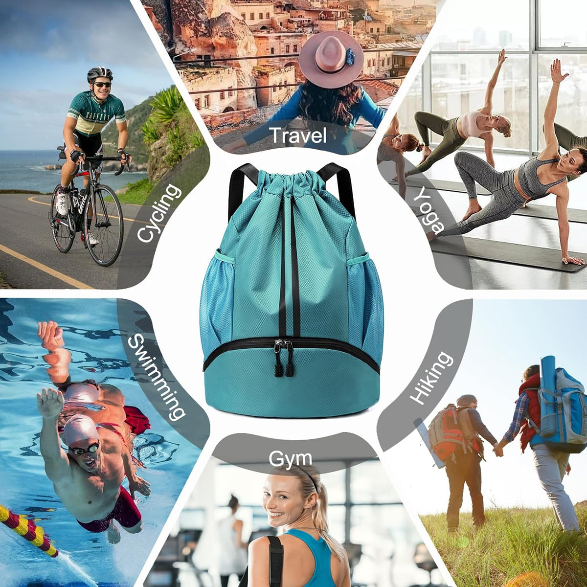 Hoedia Sports Drawstring Backpack - String Swim Gym Bag with Shoes Compartment and Wet Proof Pocket for Women/Men - PuriLite