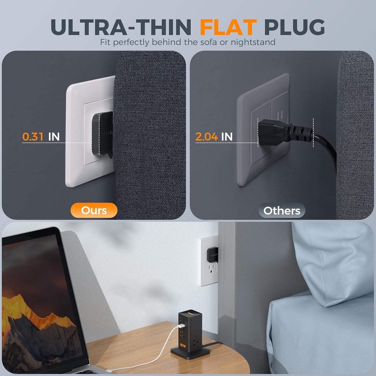 Charging Station, TESSAN 65W Max GaN USB C Charger Block, 6-Ports and 3 AC Outlets Power Tower, Fast Charging for Multiple Devices, Compatible with iPhone, Samsung and More - PuriLite