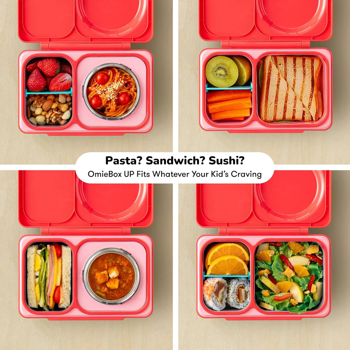 OmieBox UP bento box for kids | Insulated lunch box | Insulated food jar | Cooler ice pack | 2 Compartments (Cherry Pink) - PuriLite