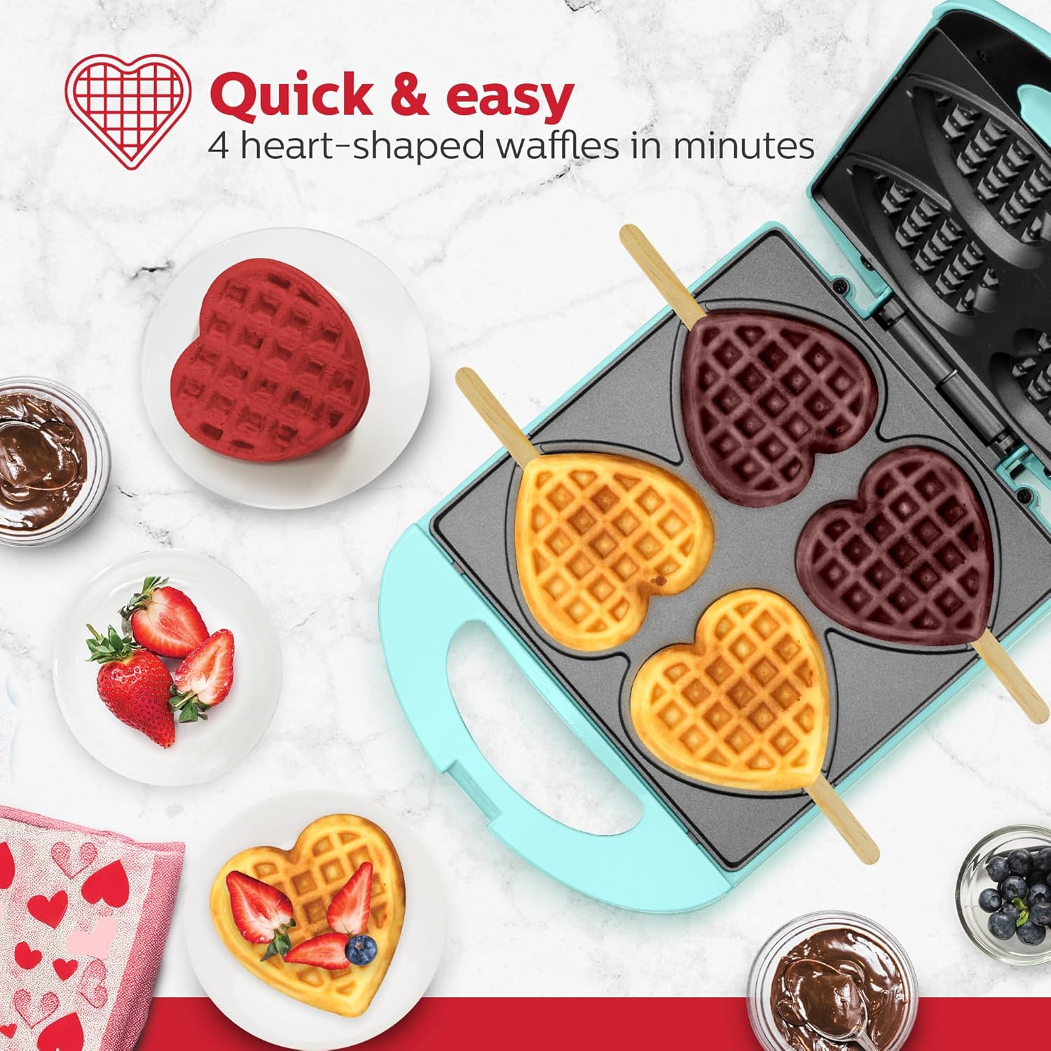 Holstein Housewares - Non-Stick Heart Waffle Maker, Lavender - Makes 4 Heart-Shaped Waffles in Minutes - PuriLite