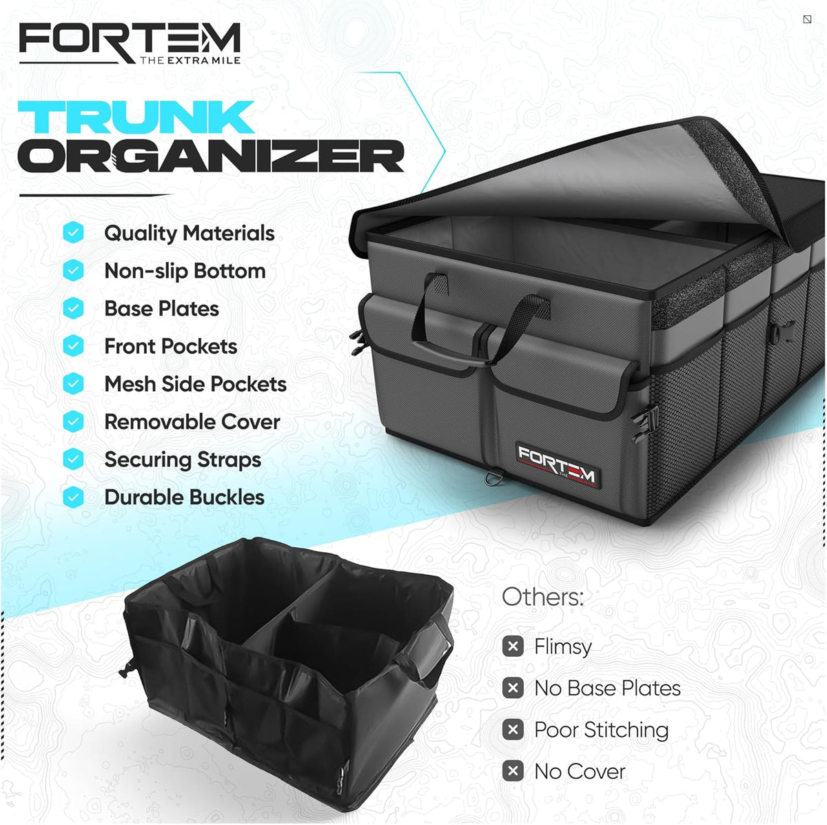 FORTEM Car Trunk Organizer, Collapsible Multi Compartment Car Organizer, Foldable SUV Storage for Car Accessories for Women Men, Non Slip Bottom, Securing Straps, Soft Cover 50L (Black, Standard) - PuriLite