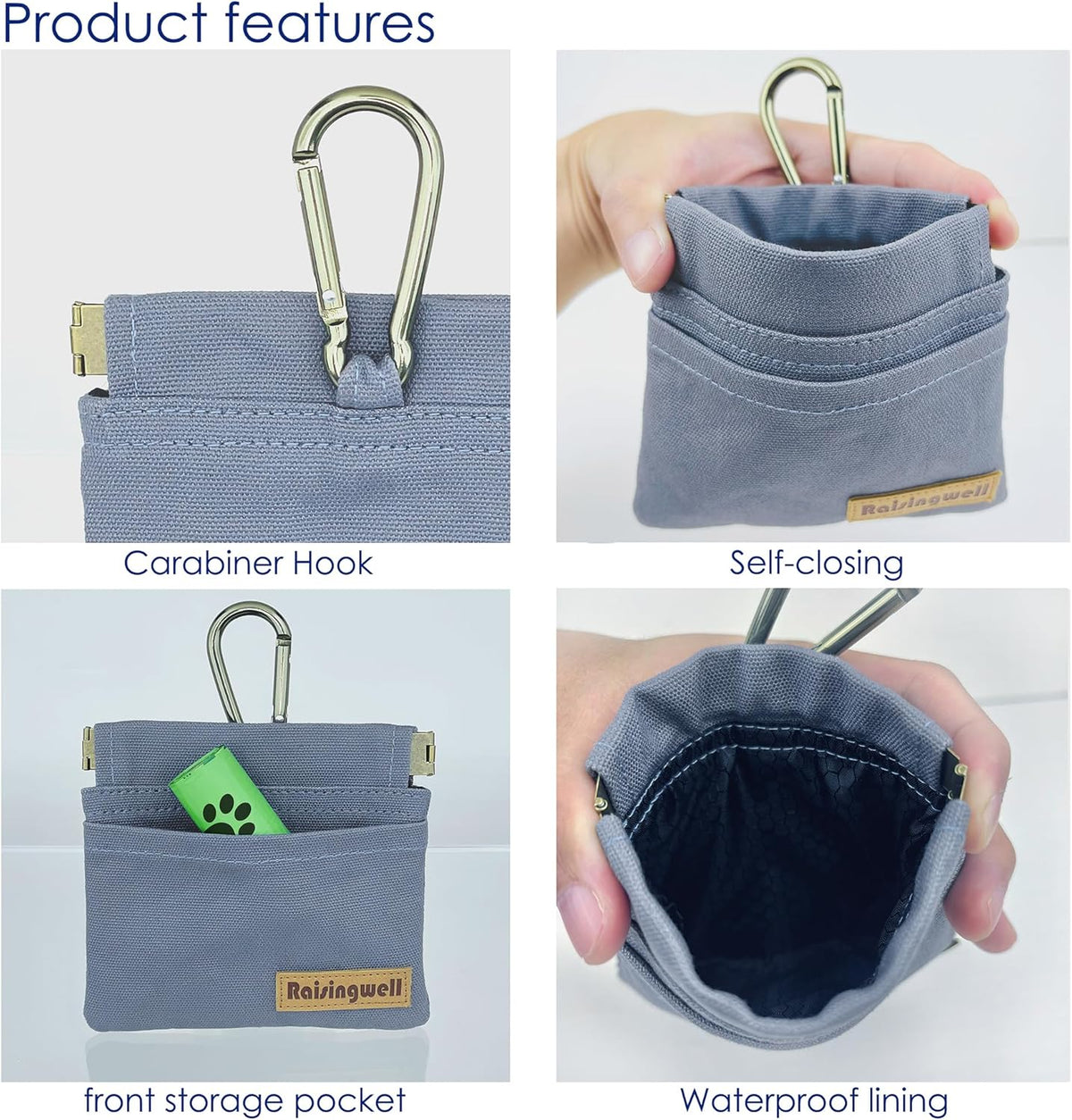 Raisingwell Dog Treat Pouch, Black Pocket Sized Pet Training Pouch, Cotton Fabric, Hand Free Dog Walking Bag with Carabiner, Self-Closing Pet Feed Snack Reward, for Pet Puppy Travel or Outdoor Use - PuriLite