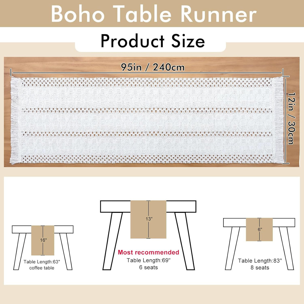 Alynsehom Macrame Table Runner Cream Beige Boho Table Runners with Tassels Hand Woven Cotton Table Runner Rustic Farmhouse Table Runners for Bohemian Kitchen Dining Table(12x95in) - PuriLite
