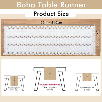 Alynsehom Macrame Table Runner Cream Beige Boho Table Runners with Tassels Hand Woven Cotton Table Runner Rustic Farmhouse Table Runners for Bohemian Kitchen Dining Table(12x95in) - PuriLite