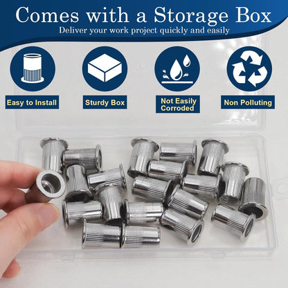 Vifmy Metric & SAE Rivet Nut Assortment Kit(420 Pcs),m3 m4 m5 m6 m8 m10 m12#6-32#8-32#10-24 1/4"-20 5/16"-18 3/8"-16 UNC Flat Head Rivnut Set,Zinc Plated Finish Carbon Steel Nutsert - PuriLite