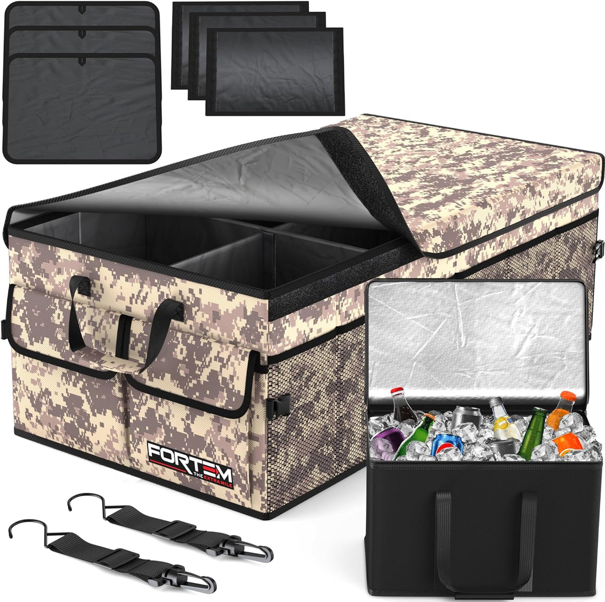 FORTEM Car Trunk Organizer, Collapsible Multi Compartment Car Organizer, Foldable SUV Storage for Car Accessories for Women Men, Non Slip Bottom, Securing Straps, Soft Cover 50L (Black, Standard) - PuriLite