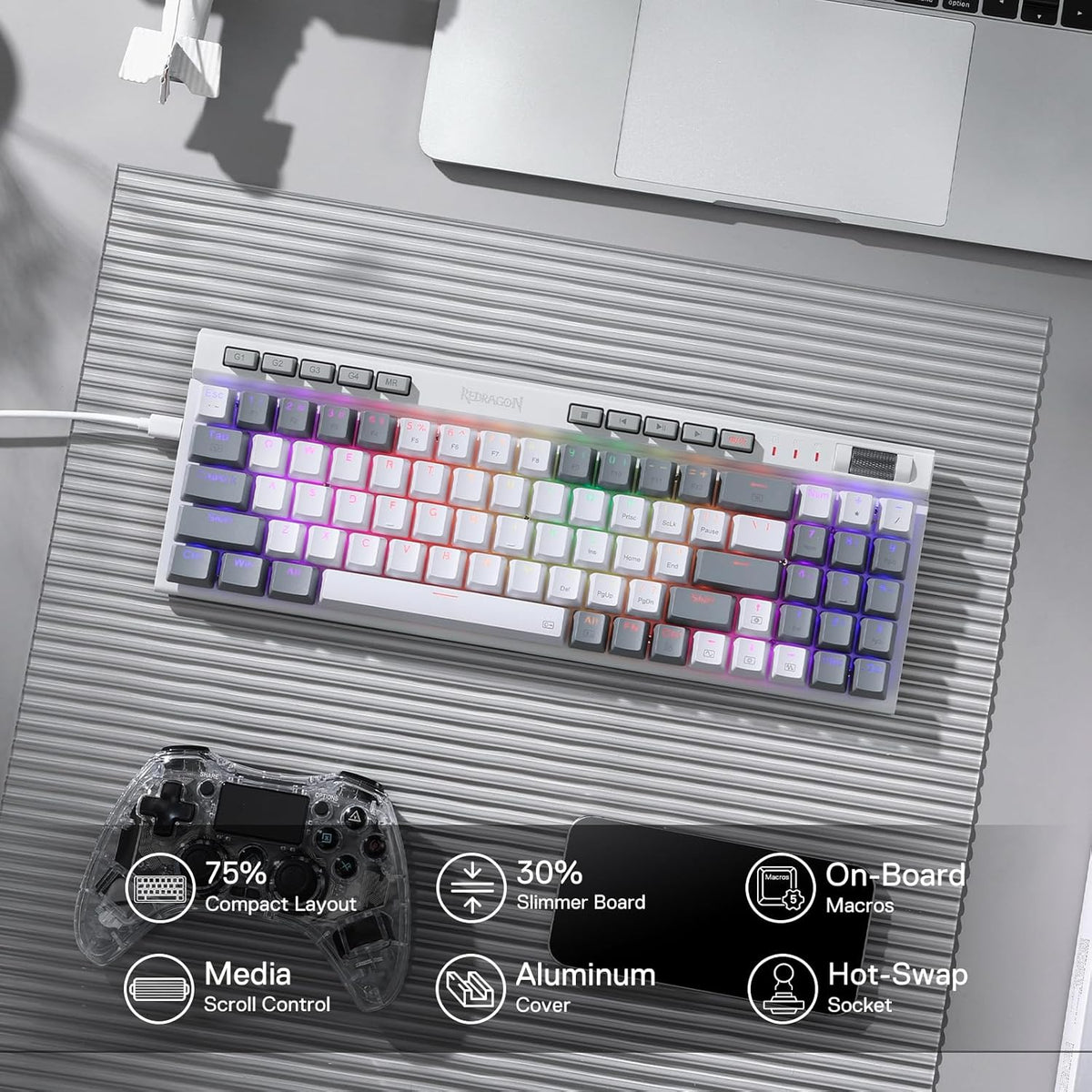 Redragon K655 75% RGB Wired Mechanical Gaming Keyboard, 78 Keys Hot-Swap Mechanical Keyboard w/Aluminum Cover Board, Upgraded Socket and Onboard Macro/Media Keys, Quiet Linear Red Switch - PuriLite