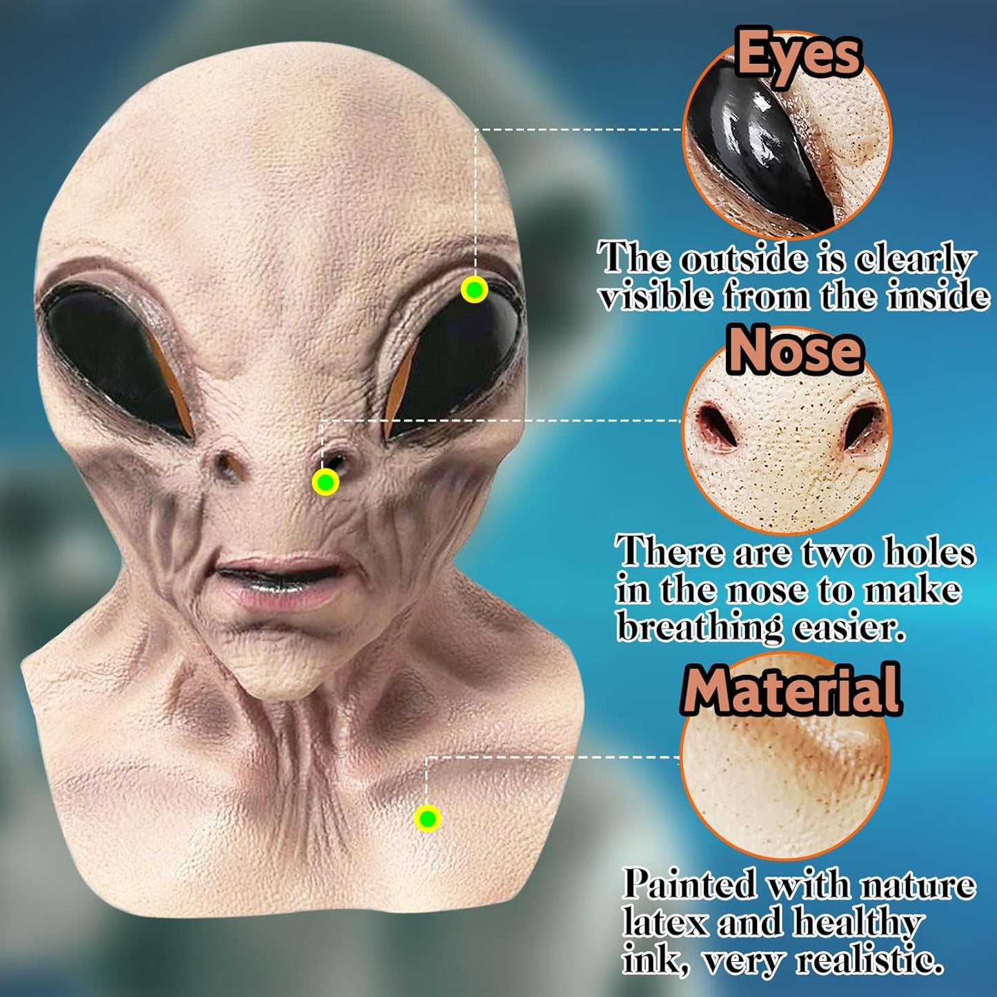 Alien Mask, Scary Latex UFO Head Mask, Realistic Alien Face Masks for Halloween Carnival Party Props - Light Brown - PuriLite