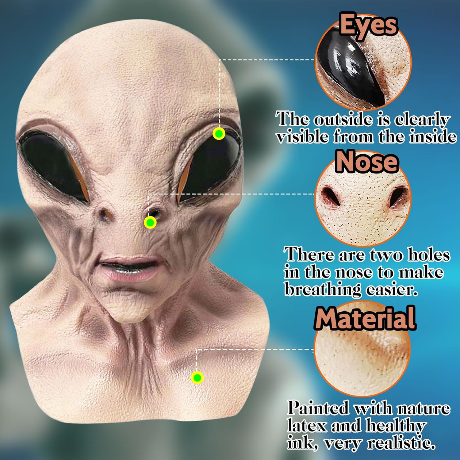 Alien Mask, Scary Latex UFO Head Mask, Realistic Alien Face Masks for Halloween Carnival Party Props - Light Brown - PuriLite