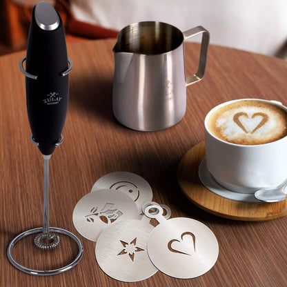 Zulay Kitchen Powerful Double Whisk Milk Frother Handheld - Foam Maker with Stand - Whisk Drink Mixer for Coffee, Mini Foamer for Latte, Matcha, Frappe, Hot Chocolate & Cappuccino (Black) - PuriLite