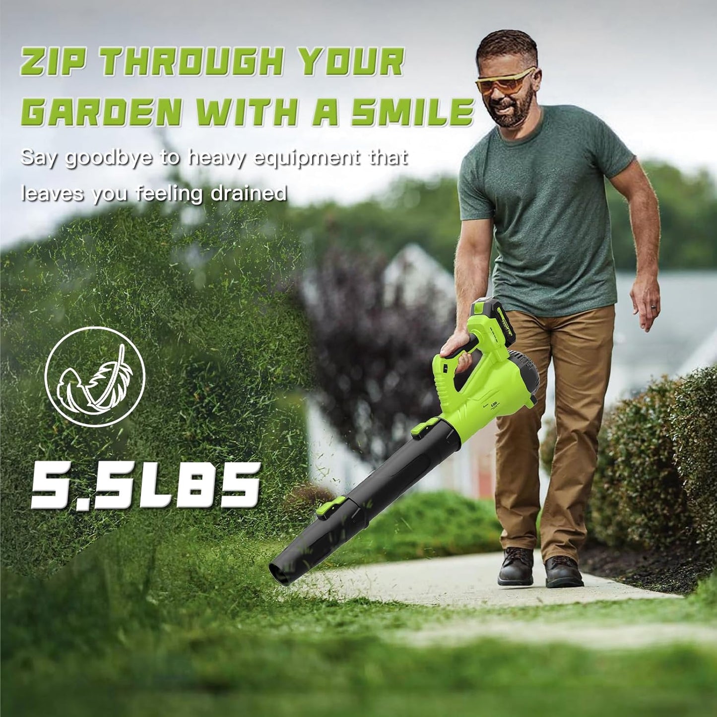 GREENER 21V Leaf Blower Cordless - 460CFM/145MPH Turbo Mode Electric Leaf Blower with 2 X 4.0Ah Battery and Fast Charger Included, Blowing Leaves and Dust, Patio Cleaning - PuriLite