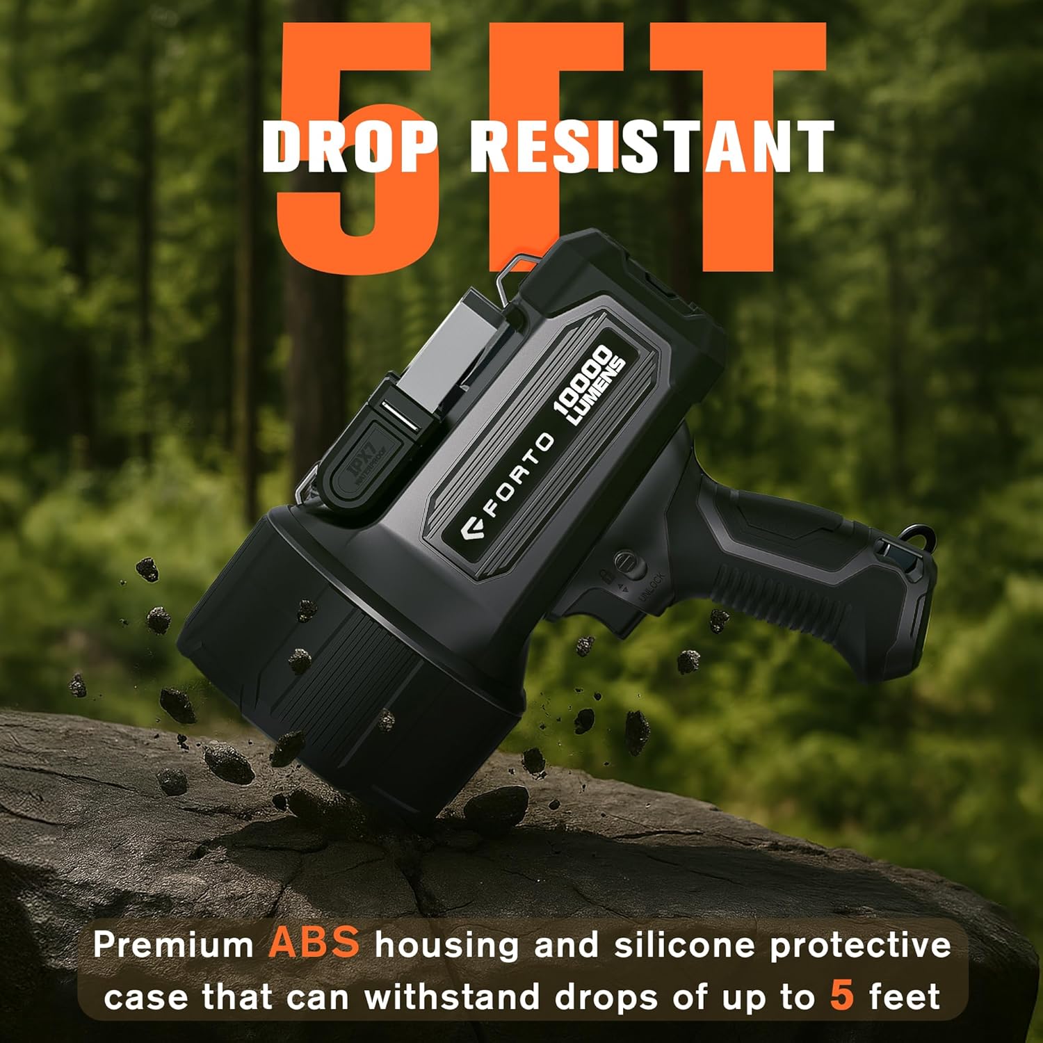 FORTO Rechargeable Spotlight 5000LM, IPX7 Waterproof Flashlight with 5200mAh Long-Lasting Battery, 7 Modes Handheld Light with EVA Case, for Boat, Hunting, Emergency, Outdoor Use - PuriLite