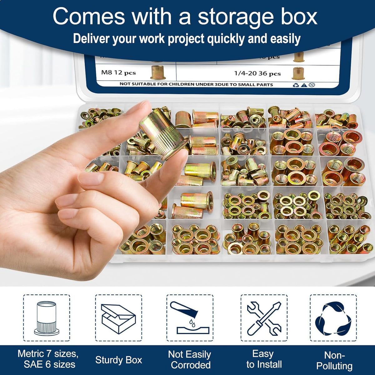 Vifmy Metric & SAE Rivet Nut Assortment Kit(420 Pcs),m3 m4 m5 m6 m8 m10 m12#6-32#8-32#10-24 1/4"-20 5/16"-18 3/8"-16 UNC Flat Head Rivnut Set,Zinc Plated Finish Carbon Steel Nutsert - PuriLite