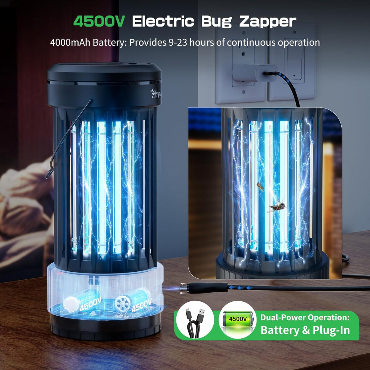 PALONE Bug Zapper, 4000mAh Electric Bug Zapper with LED Light, Retractable Fly Zapper with 3 Levels of Lighting Intensity Used for Indoor Outdoor - PuriLite