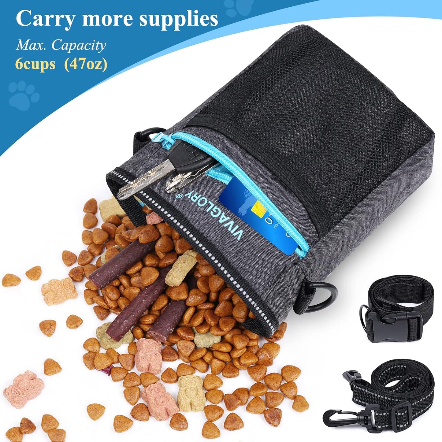 VIVAGLORY Dog Training Treat Pouch, 4Ways to Wear Dog Treat Bags, Built in Dog Waste Bag Dispenser Treats Training Bags with Reflective Adjustable Shoulder Strap, Heather Blue - PuriLite