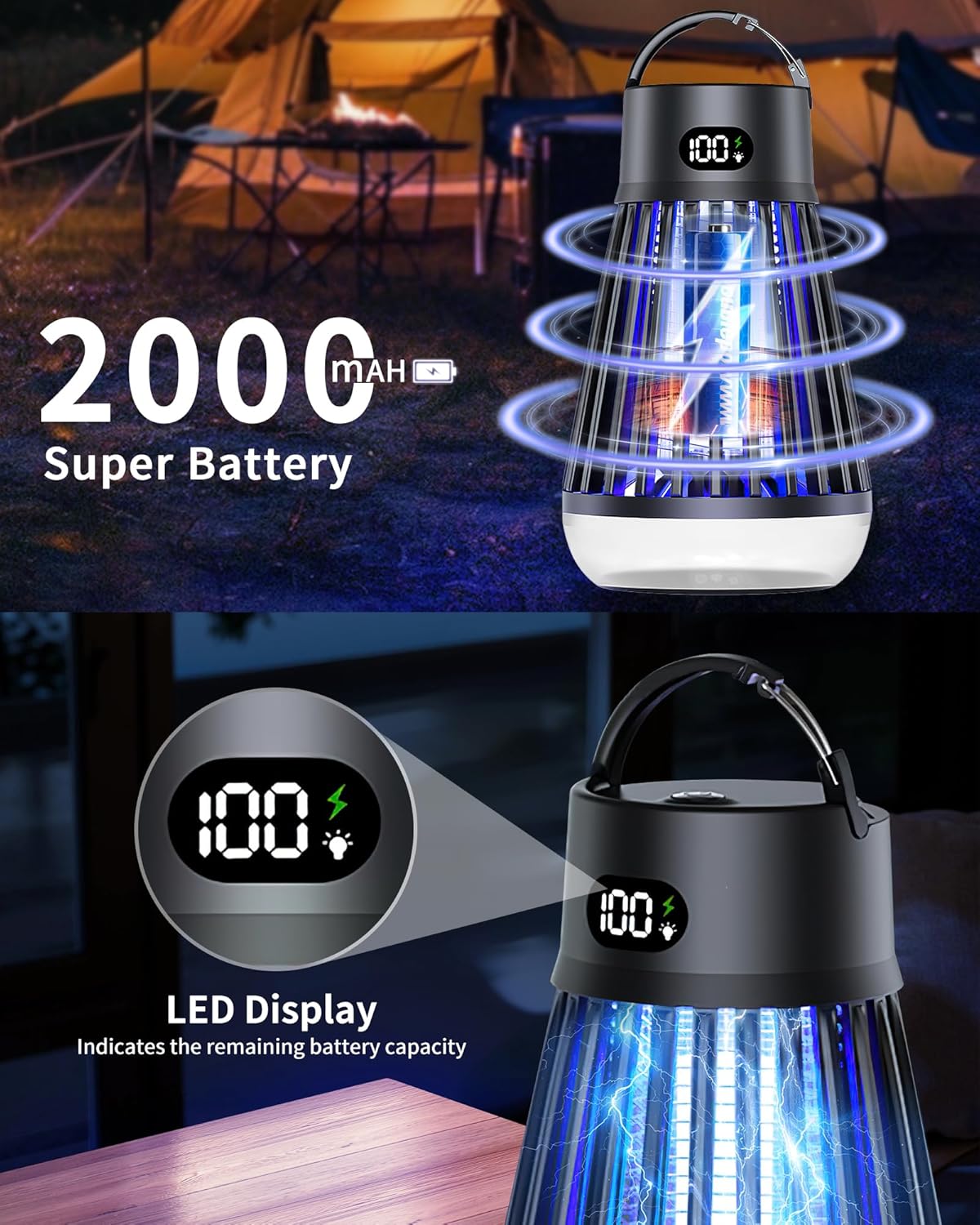 Eachway Bug Zapper Outdoor, 2 in 1 Powered Mosquito Zappers Killer with 2000mAh Battery & LED Light, 2000V Electric Fly Zapper, Waterproof Insect Zapper for Backyard, Patio (Black) - PuriLite