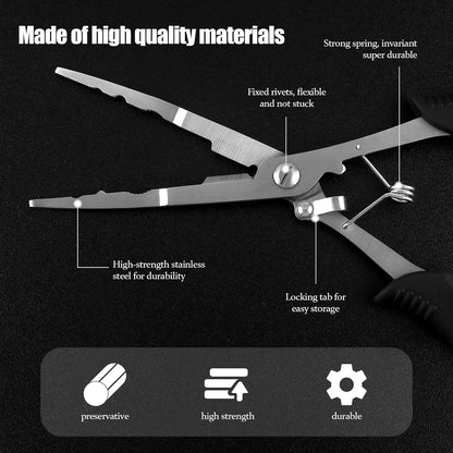 Fishing Pliers Stainless Steel Hook Remover Braid Cutter Rustproof Saltwater Split Ring Pliers Fishing Multi-Tools with Sheath and Lanyard - PuriLite