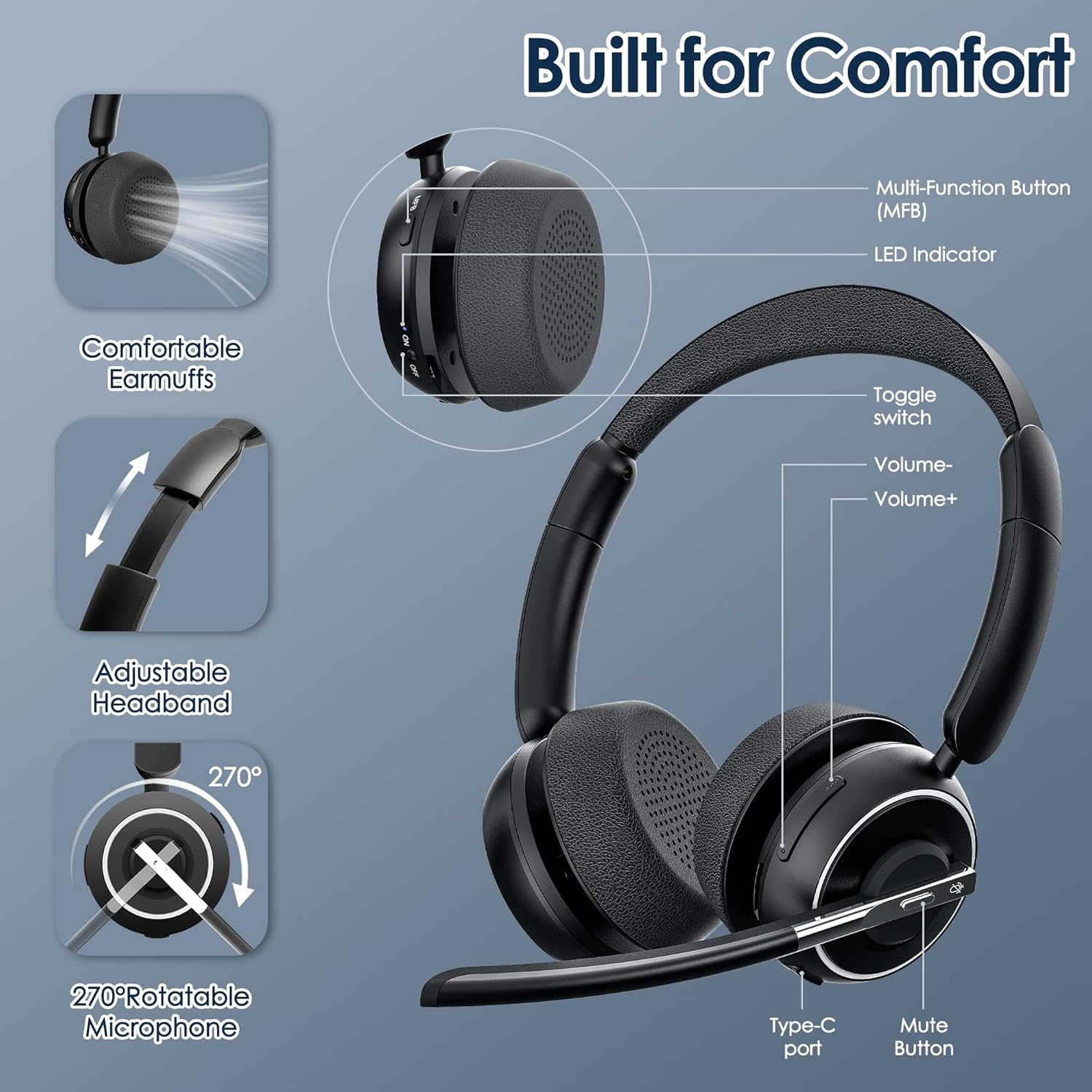 (Upgraded Version) PrancyBt Wireless Headset, Bluetooth Headset with AI Noise Cancelling Mic, Bluetooth V5.2 Headphones with USB Dongle, Charging Base & Mic Mute for PC/Cell Phones/Call Center - PuriLite