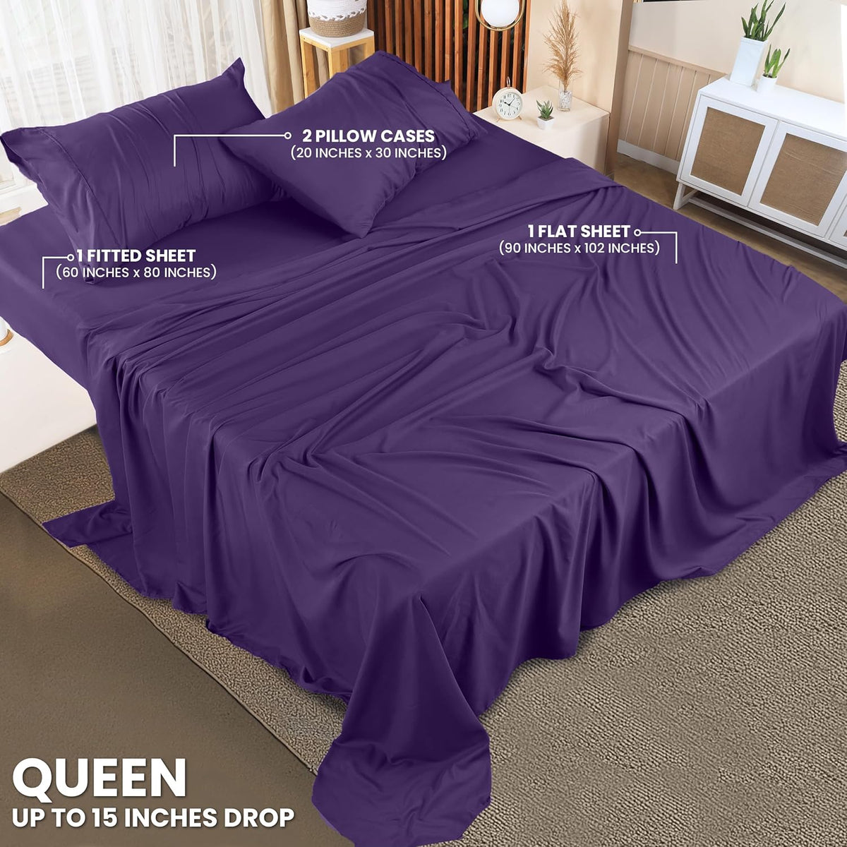 Utopia Bedding Queen Bed Sheet Set - 4 Piece Bedding - Soft Brushed Microfiber Fabric - Shrinkage & Fade Resistant - Easy Care (White) - PuriLite