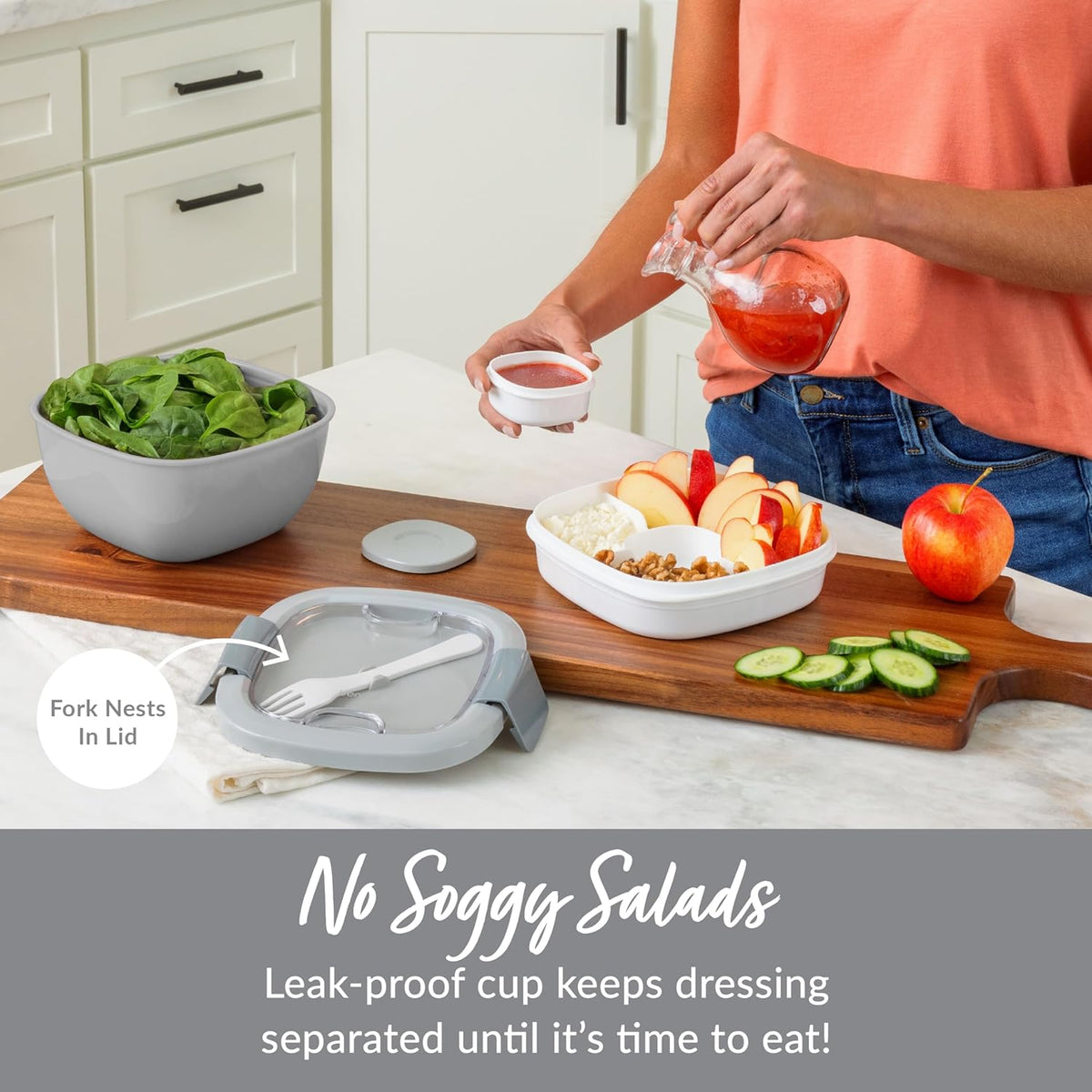 Bentgo Salad - Stackable Lunch Container with Large 54-oz Salad Bowl, 4-Compartment Bento-Style Tray for Toppings, 3-oz Sauce Container for Dressings, Built-in Reusable Fork & BPA-Free (Khaki Green) - PuriLite