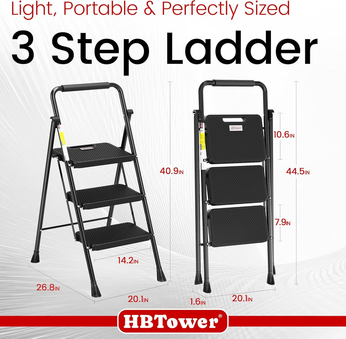 HBTower 3 Step Ladder, Folding Step Stool with Wide Anti-Slip Pedal, 500lbs Sturdy Steel Ladder, Convenient Handgrip, Lightweight, Portable Steel Step Stool, Black