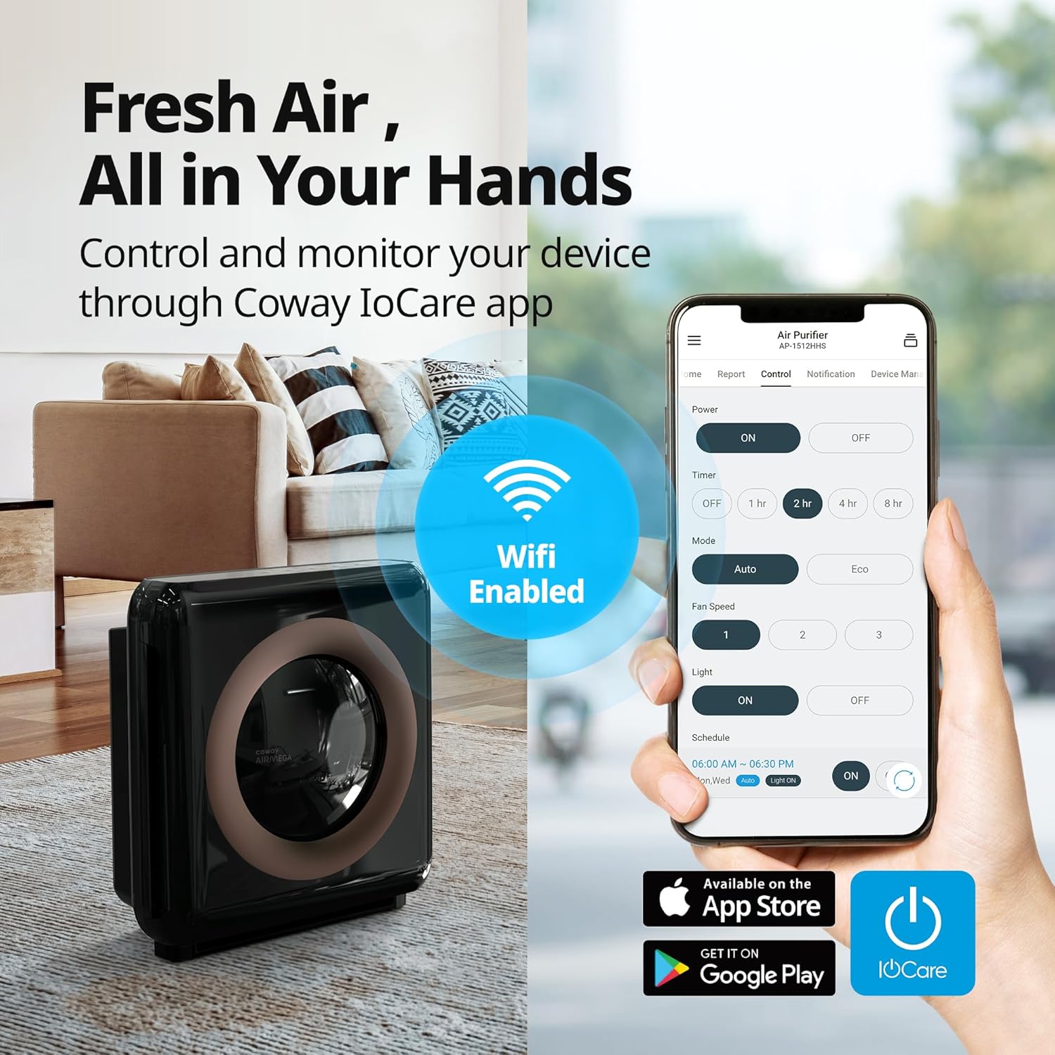 Coway Airmega AP-1512HH True HEPA Air Purifier with Air Quality Monitoring, Auto Mode, Timer, Filter Indicator, Eco Mode - PuriLite