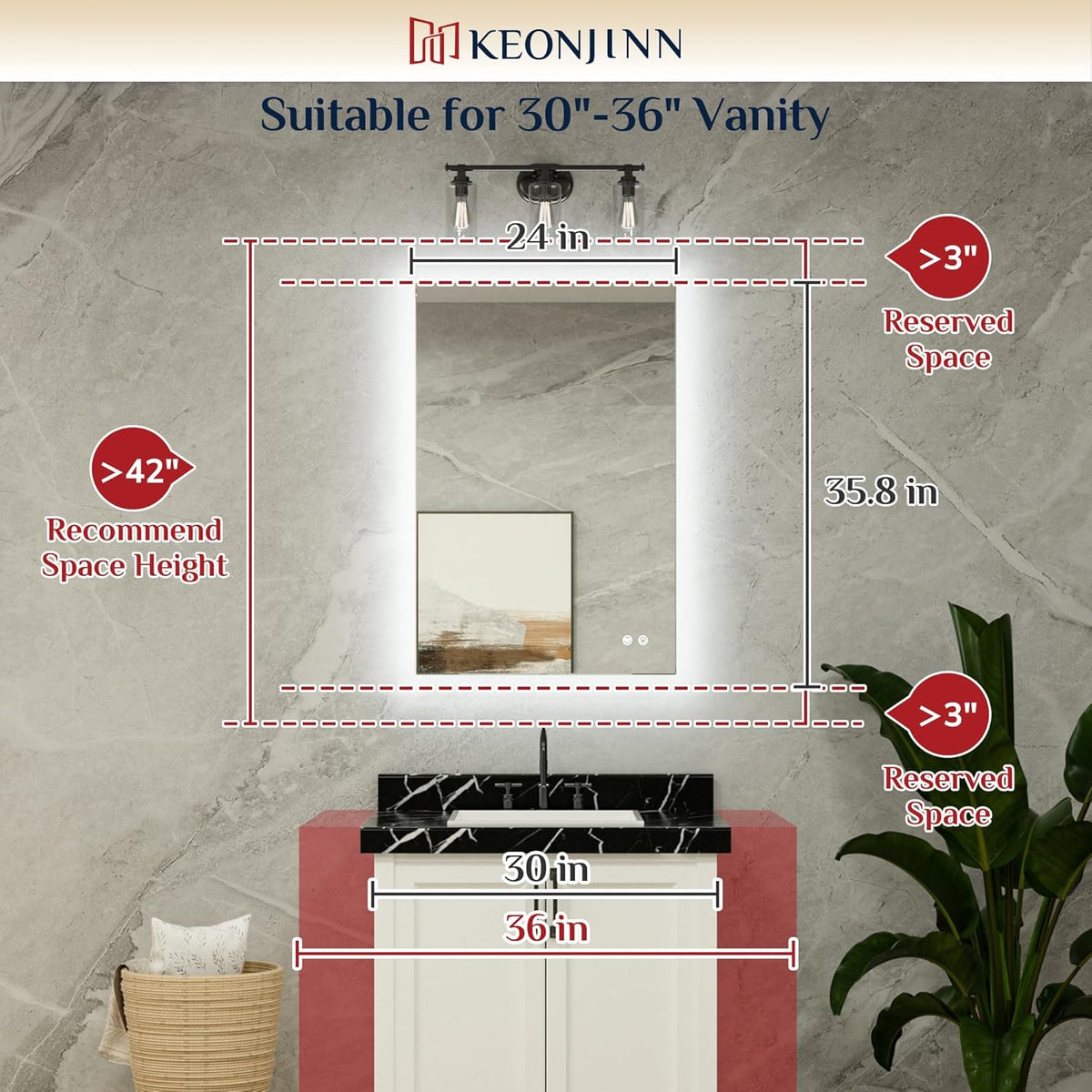 Keonjinn 40 x 32 Inch LED Bathroom Mirror with Acrylic, Backlit Mirror Anti-Fog, Lighted Bathroom Mirror for Wall, CRI90 High Definition Dimmable Large Makeup Mirror(Horizontal/Vertical) - PuriLite