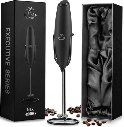 Zulay Kitchen Powerful Double Whisk Milk Frother Handheld - Foam Maker with Stand - Whisk Drink Mixer for Coffee, Mini Foamer for Latte, Matcha, Frappe, Hot Chocolate & Cappuccino (Black) - PuriLite
